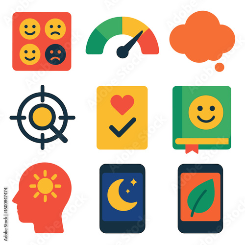 Mental Wellness Icons. Flat vector icons of mental wellness tools: mood tracker icon, stress scale, thought bubble icon, daily