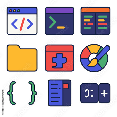 Modern Developer Icons. Flat vector icons of IDE and development tools: code editor window, terminal prompt, split screen coding,