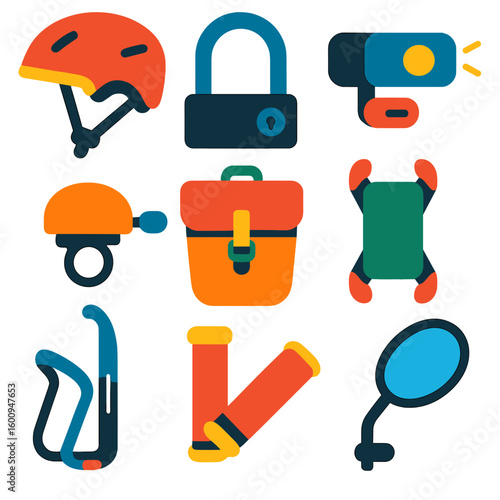 Bike Accessory Icons. Flat vector icons of bike and scooter accessories: helmet, bike lock, light set, bell, pannier bag, phone