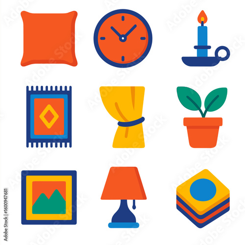 Bold Home Icons. Flat vector icons of home accessories: throw pillow, wall clock, candle holder, rug icon, curtain tieback, plant