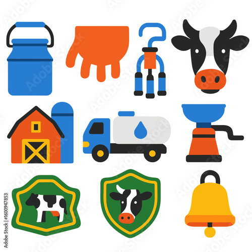 Dairy Farm Icons. Flat vector icons of dairy farm elements: milk pail, cow udder icon, milking machine, dairy cow head, barn with