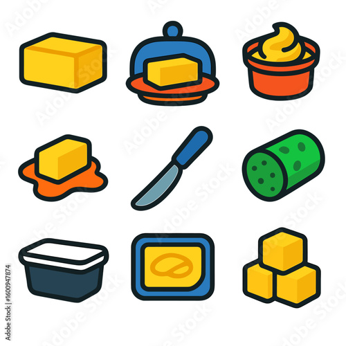 Colorful Butter Icons. Flat vector icons of butter and spreads: butter block, butter dish, whipped butter tub, melting butter icon