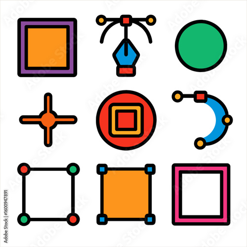 Bold Vector Icons. Flat vector icons of anchor shapes and bounding areas: bounding box icon, anchor path point, edge handle,