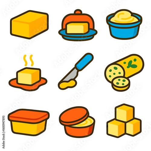 Colorful Butter Icons. Flat vector icons of butter and spreads: butter block, butter dish, whipped butter tub, melting butter icon