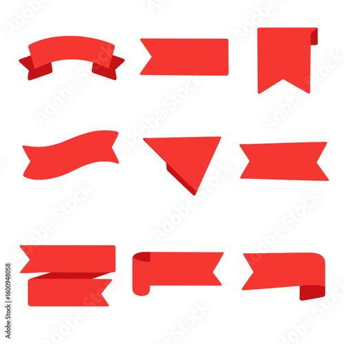 Vibrant Ribbon Icons. Flat vector icons of red banner ribbons: curved ribbon banner, straight ribbon strip, folded corner label,