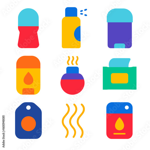 Colorful Deodorant Icons. Flat vector icons of deodorants and fresheners: roll-on deodorant, deodorant spray can, stick deodorant,