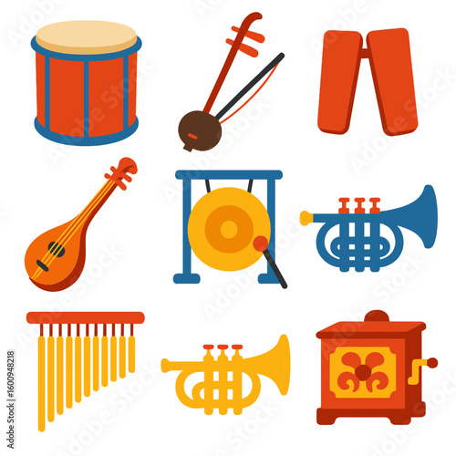 Musical Instrument Icons. Flat vector icons of musical instruments: surdo drum, banhu, paiban clapper, veena, gong with mallet,