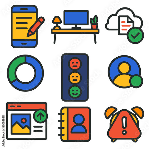 Freelance Essentials Icons. Flat vector icons of freelance and remote work essentials: mobile writing app interface, minimal