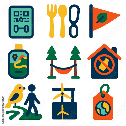 Eco Tourism Icons. Flat vector icons of sustainable travel and eco tourism: digital trail permit QR code, reusable hiking utensils