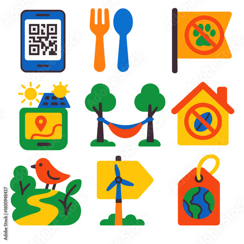 Eco Tourism Icons. Flat vector icons of sustainable travel and eco tourism: digital trail permit QR code, reusable hiking utensils