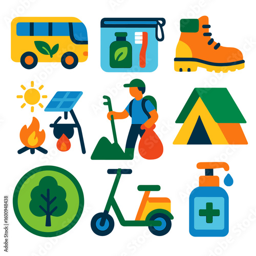 Eco Travel Icons. Flat vector icons of sustainable travel and eco tourism: slow travel bus icon, reusable toiletry bag, ecological