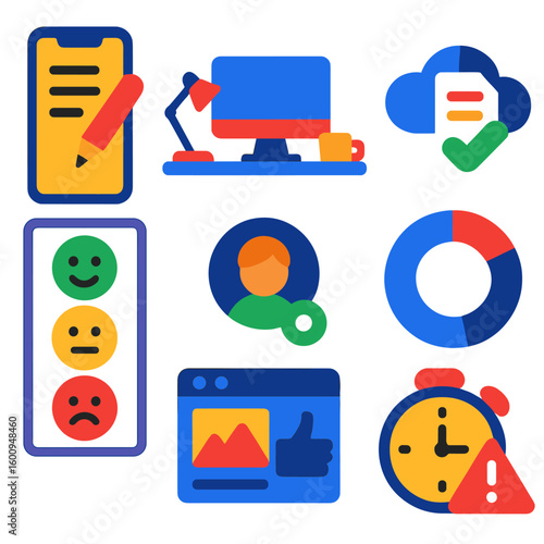 Freelance Essentials Icons. Flat vector icons of freelance and remote work essentials: mobile writing app interface, minimal