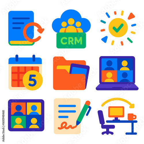 Freelance Work Icons. Flat vector icons of freelance and remote work essentials: digital note syncing icon, cloud-based client CRM