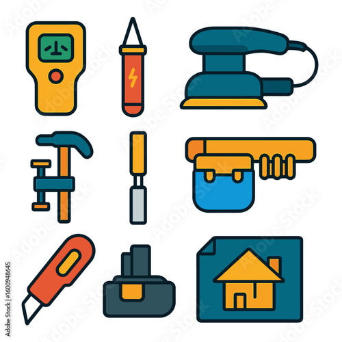 DIY Tools Icons. Flat vector icons of home renovation and DIY tools: stud finder, voltage tester pen, electric sander, adjustable