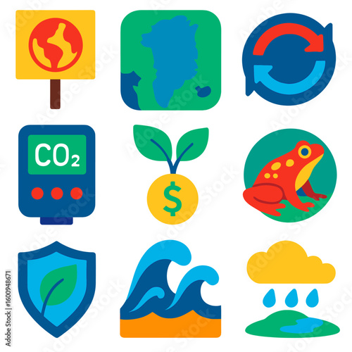 Climate Change Icons. Flat vector icons of climate change and environmental icons: climate change protest sign, polar region map