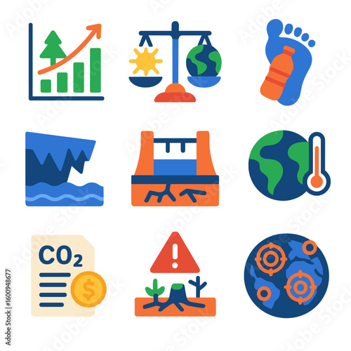 Climate Change Icons. Flat vector icons of climate change and environmental icons: forest recovery line chart, climate tipping