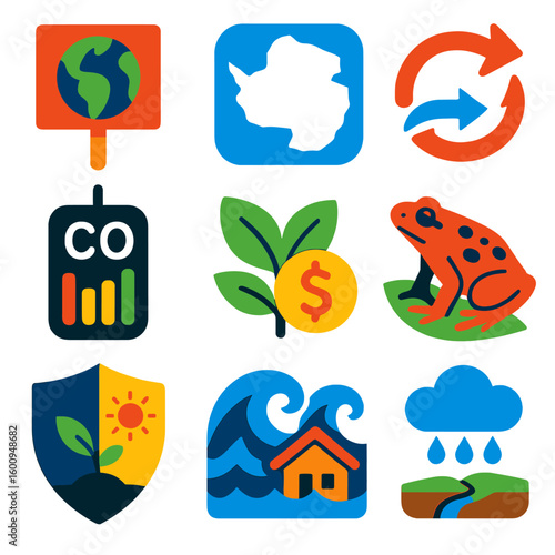 Climate Change Icons. Flat vector icons of climate change and environmental icons: climate change protest sign, polar region map