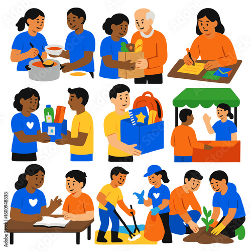 Volunteer Activity Icons. Flat vector icons of volunteerism and social good activities: soup kitchen serving meals, helping