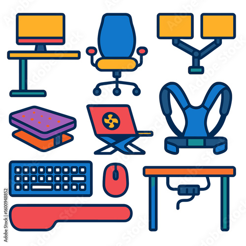 Ergonomic Office Icons. Flat vector icons of home office ergonomics and setup: adjustable desk with monitor, ergonomic office