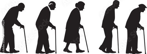 Five Silhouettes of Elderly People with Walking Sticks, elderly, old, people, man, woman, silhouette, walking stick, cane, age, aging, senior, life, stages, progression, movement, posture, white backg