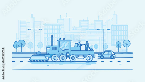 Illustration of a road sweeper truck with workers on a city street with buildings in the background