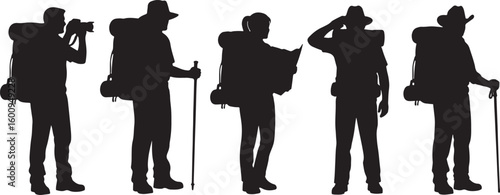 Five Silhouettes of Hikers with Backpacks and Walking Sticks, hiker, silhouette, backpack, walking stick, hiking, trekking, travel, adventure, exploration, outdoors, nature, journey, map, camera, hat,