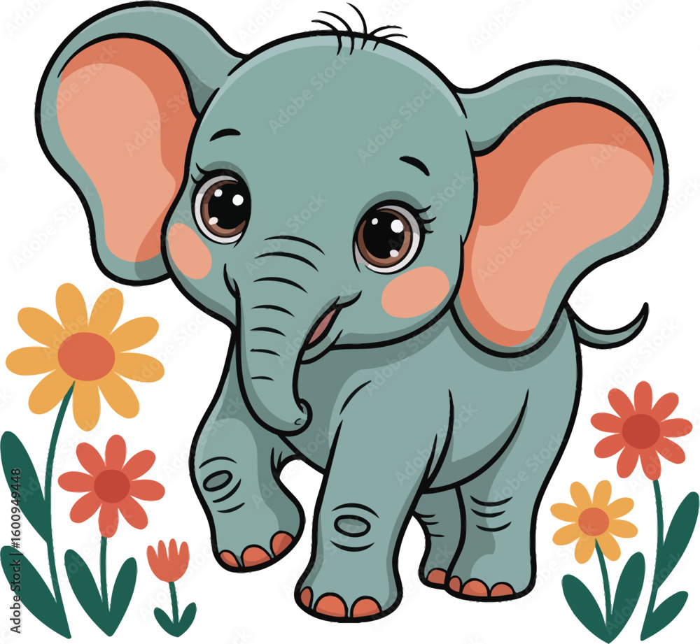 Fototapeta premium Cute cartoon elephant with flowers isolated on White Background