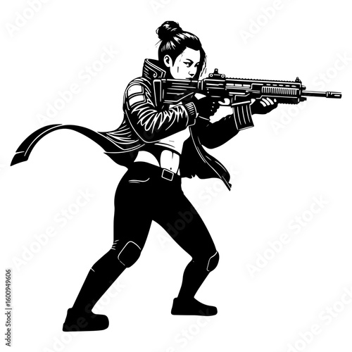 Female Shooter with Assault Rifle in Action Pose, Tactical Woman Aiming a Gun Silhouette, Vector Graphic of a Strong Female Combatant.