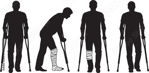 Four black silhouette figures with crutches one with bandaged leg, silhouette, man, crutches, injured, leg, bandage, walking, medical, recovery, support, disability, broken bone, pain, rehabilitation,