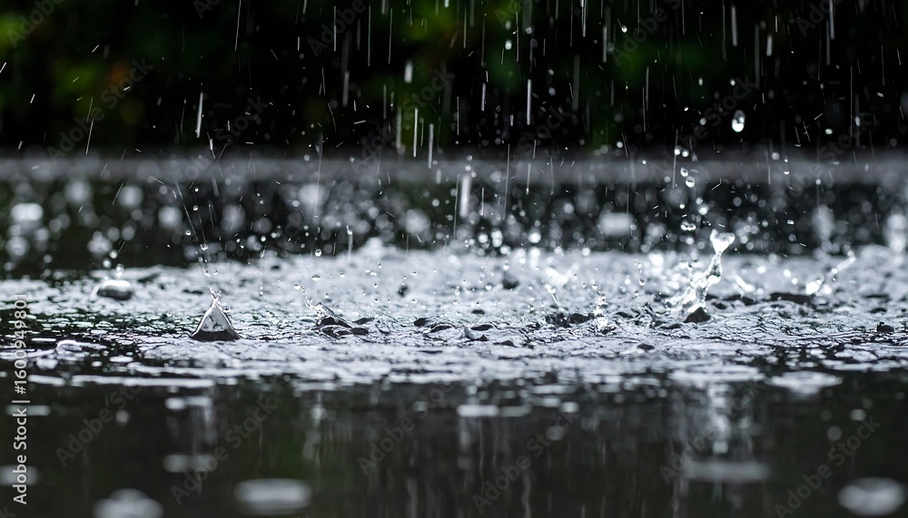 Fototapeta premium Raindrops splashing on a dark puddle
