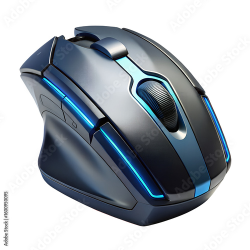 3D Sleek Futuristic Wireless Computer Mouse with Metallic Blue Accents on transparent background