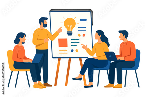Business Meeting with Team Brainstorming New Ideas and Project Presentation