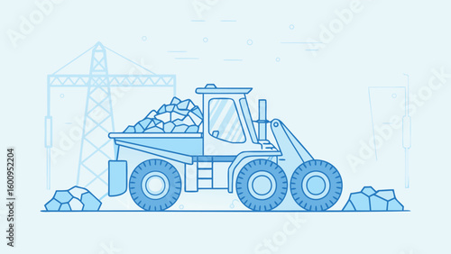 Illustration of a front end loader carrying rocks with power lines in the background in light blue