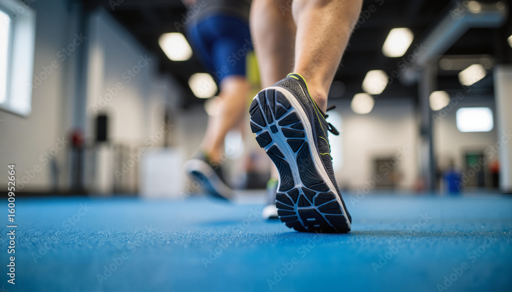 Runner's foot in athletic shoes on blue gym floor during workout Runner's foot in athletic shoes on blue gym floor during workout