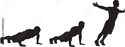 Man performing push up jumping jack exercise sequence silhouette, man, silhouette, exercise, fitness, workout, push up, jumping jack, movement, sequence, progression, action, sport, health, body, stre