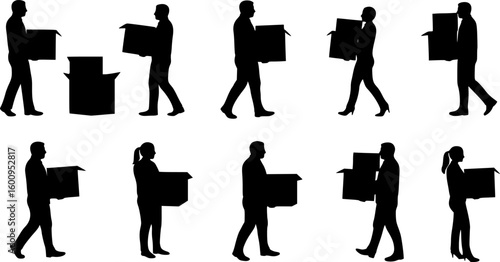 Silhouette Employee Carrying Box. Resignation, layoff, transition, office movement. Vector Illustration on White Background
