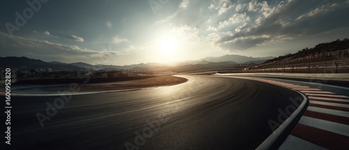 Sunset Race Track: Asphalt Curve, Mountain Background