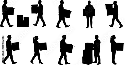 Silhouette Employee Carrying Box. Resignation, layoff, transition, office movement. Vector Illustration on White Background

