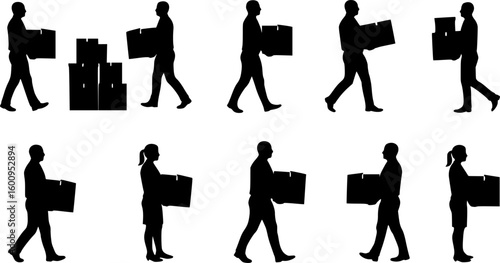 Silhouette Employee Carrying Box. Resignation, layoff, transition, office movement. Vector Illustration on White Background
