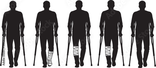 Silhouettes of men with crutches showing injury progression, man, silhouette, crutches, injury, leg, walking, medical, rehabilitation, recovery, broken leg, cast, bandage, support, mobility, assistanc