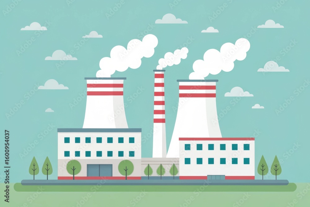 Fototapeta premium Illustration of industrial factory plant with smoke stack and power generation