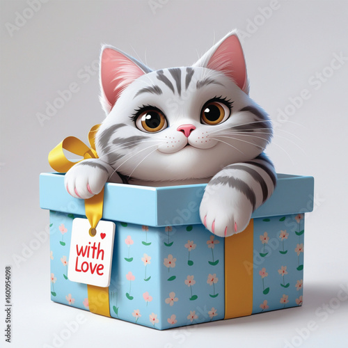 Funny kitten in golden gift box isolated on white