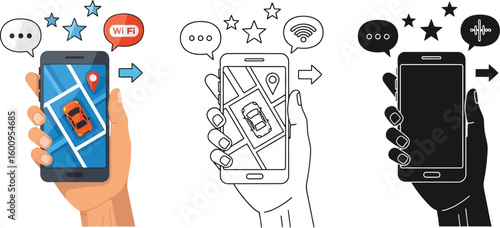 Mobile gps navigation app car location tracking map hand holding phone technology vector