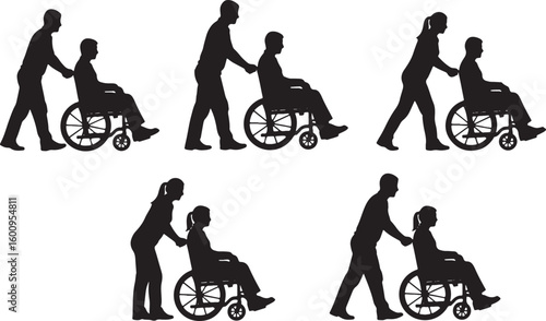 Silhouettes of people pushing wheelchairs in various poses, silhouette, wheelchair, pushing, person, assistance, mobility, disability, care, helping, support, movement, transport, medical, health, acc