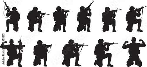 Soldier silhouettes kneeling with rifles and flexing arms, soldier, military, army, silhouette, kneeling, rifle, gun, weapon, combat, action, pose, warrior, fighter, armed, defense, protection, streng