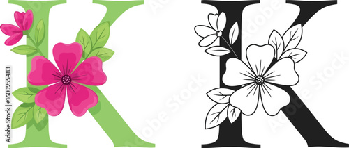 Floral letter k alphabet design with flowers and leaves botanical art illustration
