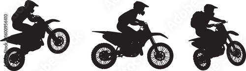 Three black silhouette motocross riders on white background, motocross, motorcycle, rider, silhouette, black and white, sport, extreme sport, racing, dirt bike, action, speed, jump, wheelie, off road,