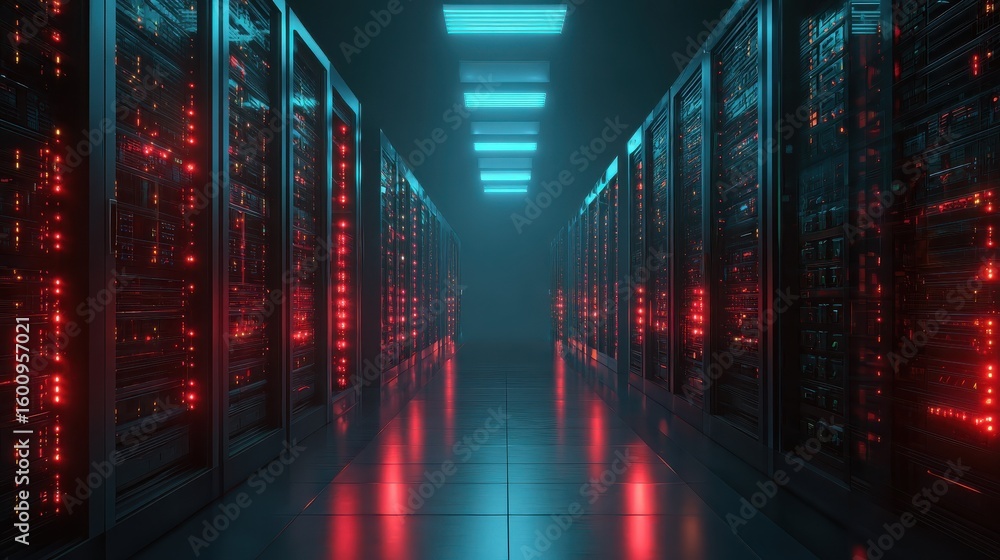 Fototapeta premium Server rack with blinking red lights in a dark data center. Futuristic blue lighting illuminates rows of computer hardware. Focus on technology, cybersecurity, and system vulnerability.