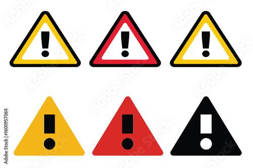 Caution alarm set, danger sign collection, attention vector icon, yellow, red and black fatal error message element