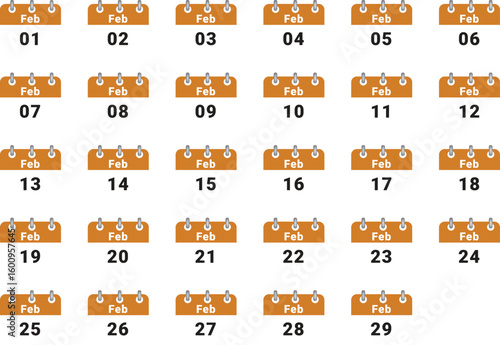 Grid of 31 days of February, calendar pages showing days of the month